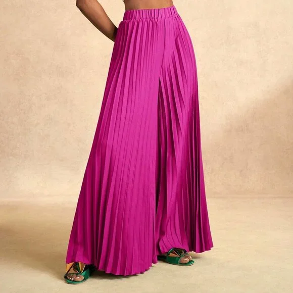Hot Pink Casual Women's Pleated Elastic Waist Wide-Leg Pants - Picture 4 of 8